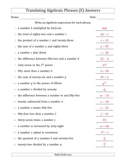 The Translating Algebraic Phrases (Simple Version) (E) Math Worksheet Page 2