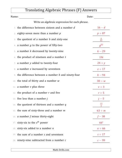 The Translating Algebraic Phrases (Simple Version) (F) Math Worksheet Page 2