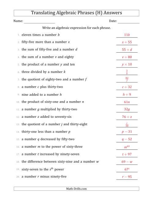 The Translating Algebraic Phrases (Simple Version) (H) Math Worksheet Page 2
