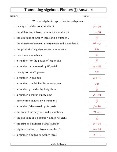 The Translating Algebraic Phrases (Simple Version) (J) Math Worksheet Page 2