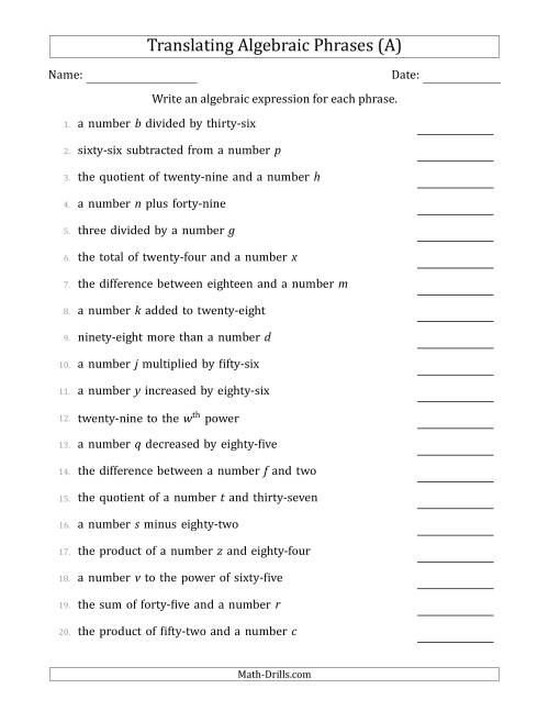 The Translating Algebraic Phrases (Simple Version) (All) Math Worksheet
