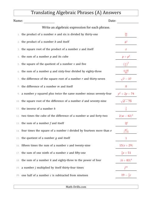 The Translating Algebraic Phrases (Complex Version) (A) Math Worksheet Page 2