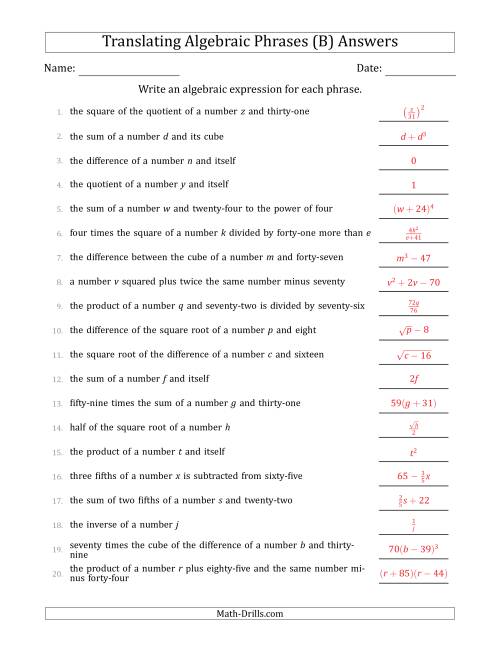 The Translating Algebraic Phrases (Complex Version) (B) Math Worksheet Page 2