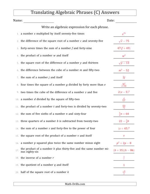 The Translating Algebraic Phrases (Complex Version) (C) Math Worksheet Page 2
