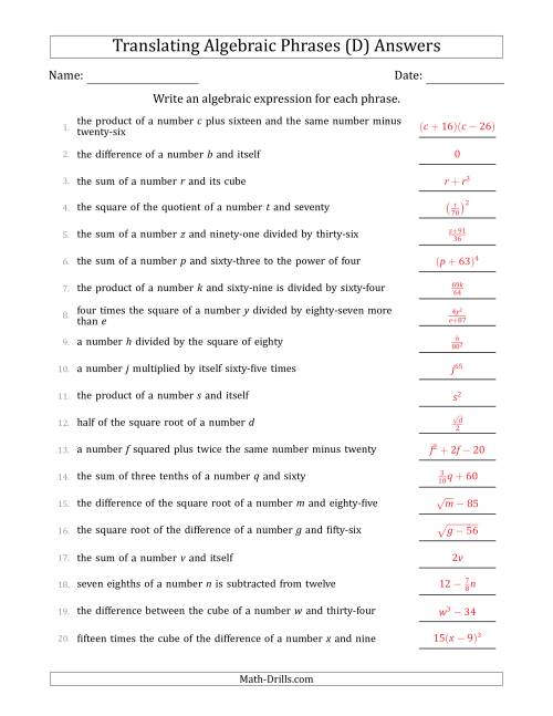 The Translating Algebraic Phrases (Complex Version) (D) Math Worksheet Page 2