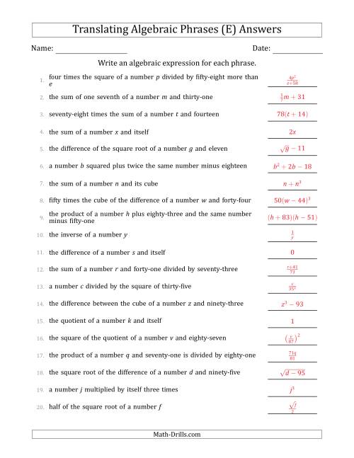 The Translating Algebraic Phrases (Complex Version) (E) Math Worksheet Page 2