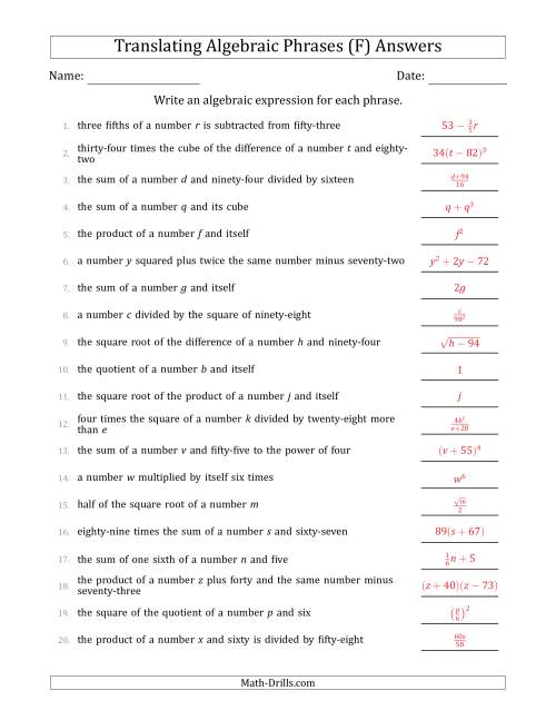 The Translating Algebraic Phrases (Complex Version) (F) Math Worksheet Page 2