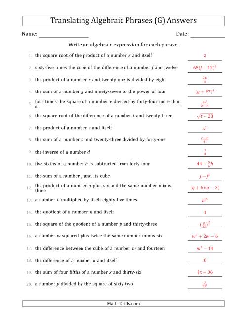 The Translating Algebraic Phrases (Complex Version) (G) Math Worksheet Page 2