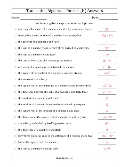 The Translating Algebraic Phrases (Complex Version) (H) Math Worksheet Page 2