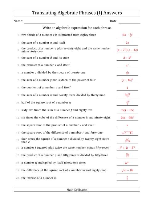 The Translating Algebraic Phrases (Complex Version) (I) Math Worksheet Page 2