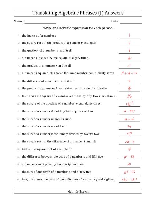 The Translating Algebraic Phrases (Complex Version) (J) Math Worksheet Page 2
