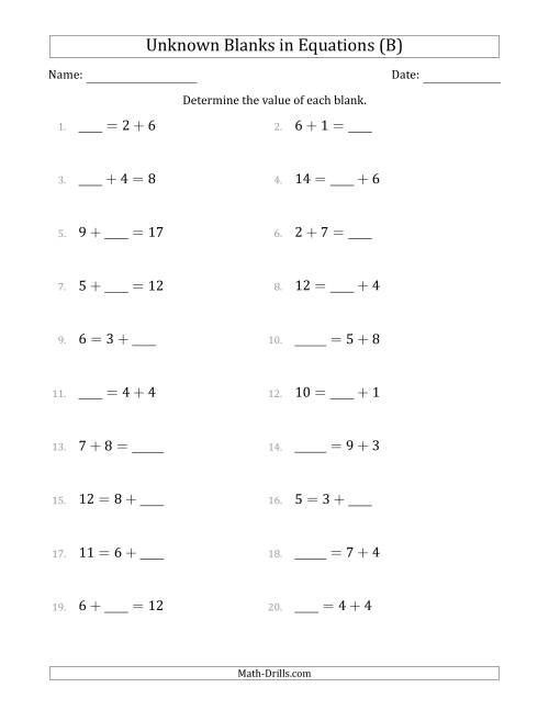 The Unknown Blanks in Equations - Addition - Range 1 to 9 - Any Position (B) Math Worksheet