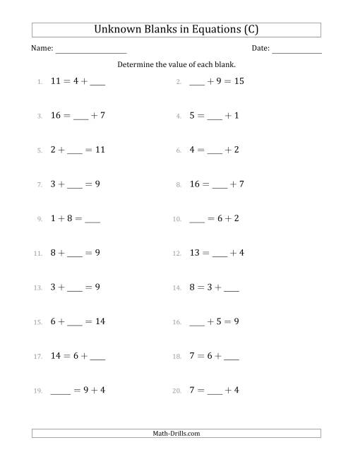 The Unknown Blanks in Equations - Addition - Range 1 to 9 - Any Position (C) Math Worksheet