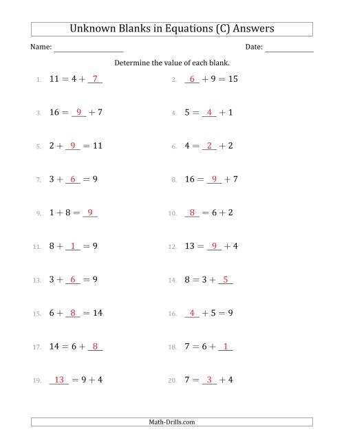 The Unknown Blanks in Equations - Addition - Range 1 to 9 - Any Position (C) Math Worksheet Page 2