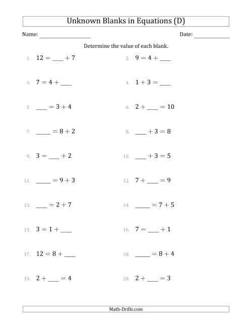 The Unknown Blanks in Equations - Addition - Range 1 to 9 - Any Position (D) Math Worksheet