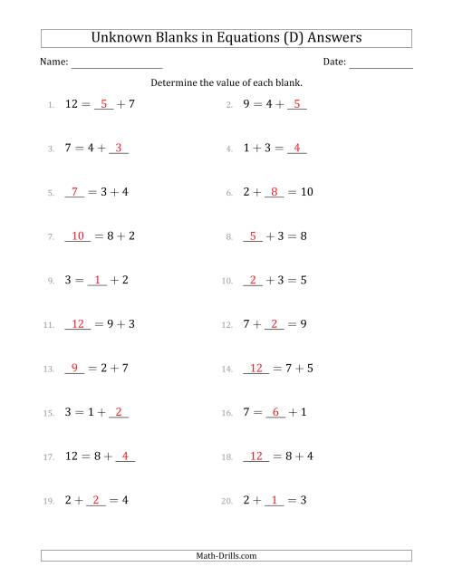 The Unknown Blanks in Equations - Addition - Range 1 to 9 - Any Position (D) Math Worksheet Page 2