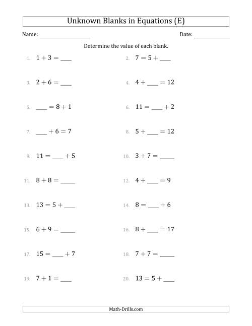 The Unknown Blanks in Equations - Addition - Range 1 to 9 - Any Position (E) Math Worksheet