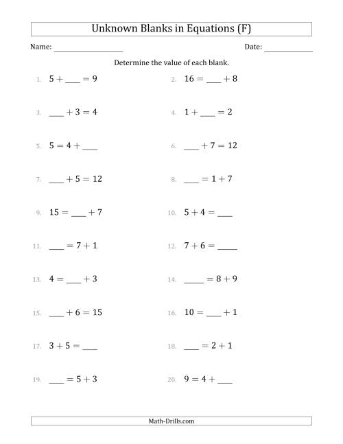 The Unknown Blanks in Equations - Addition - Range 1 to 9 - Any Position (F) Math Worksheet