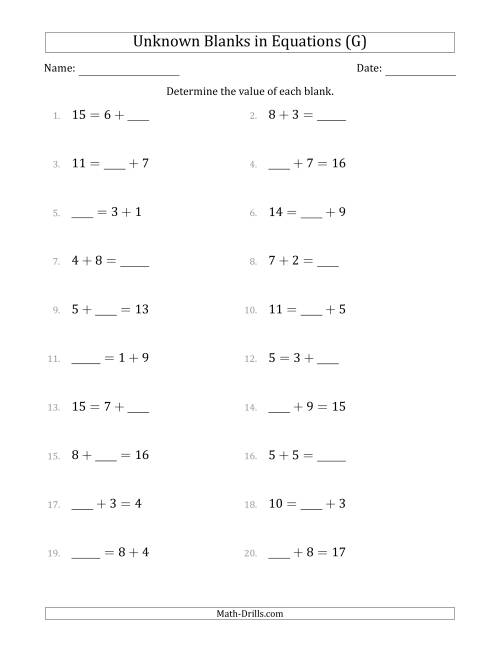 The Unknown Blanks in Equations - Addition - Range 1 to 9 - Any Position (G) Math Worksheet
