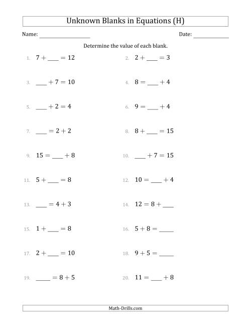 The Unknown Blanks in Equations - Addition - Range 1 to 9 - Any Position (H) Math Worksheet