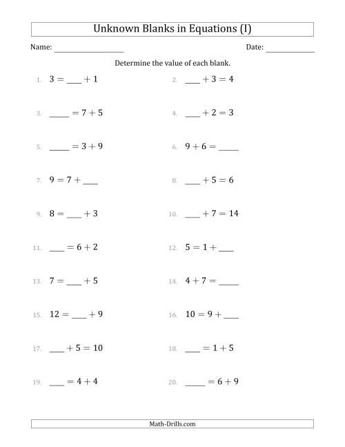 The Unknown Blanks in Equations - Addition - Range 1 to 9 - Any Position (I) Math Worksheet