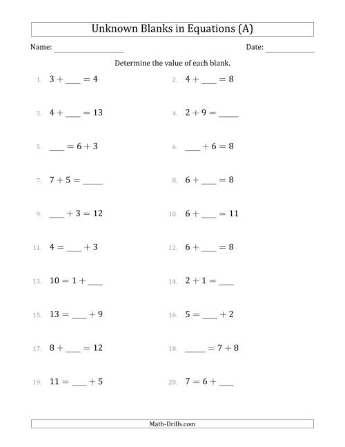 The Unknown Blanks in Equations - Addition - Range 1 to 9 - Any Position (All) Math Worksheet