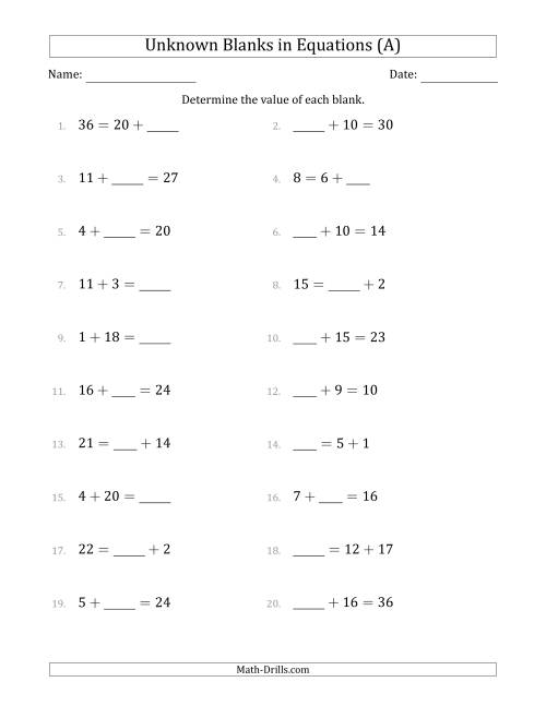 The Unknown Blanks in Equations - Addition - Range 1 to 20 - Any Position (A) Math Worksheet