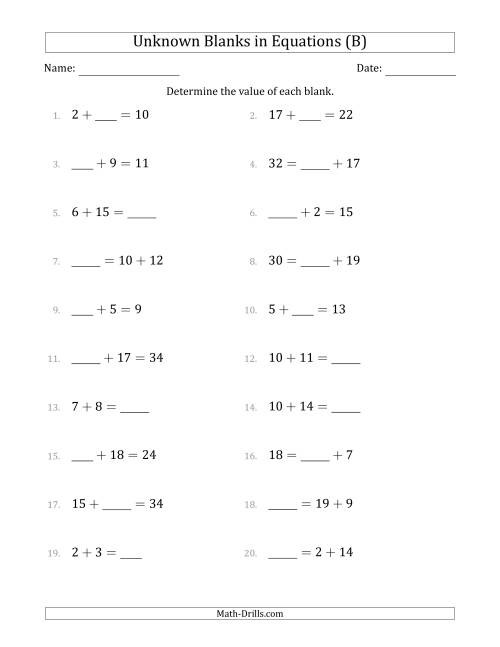 The Unknown Blanks in Equations - Addition - Range 1 to 20 - Any Position (B) Math Worksheet