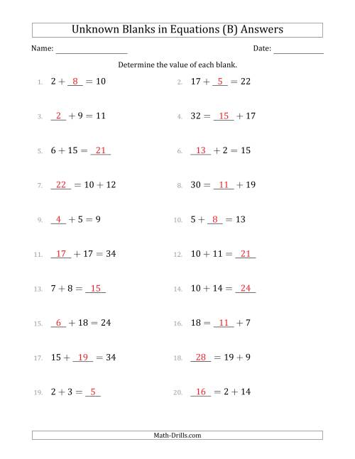The Unknown Blanks in Equations - Addition - Range 1 to 20 - Any Position (B) Math Worksheet Page 2