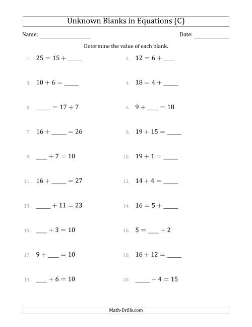 The Unknown Blanks in Equations - Addition - Range 1 to 20 - Any Position (C) Math Worksheet
