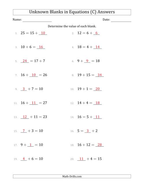 The Unknown Blanks in Equations - Addition - Range 1 to 20 - Any Position (C) Math Worksheet Page 2