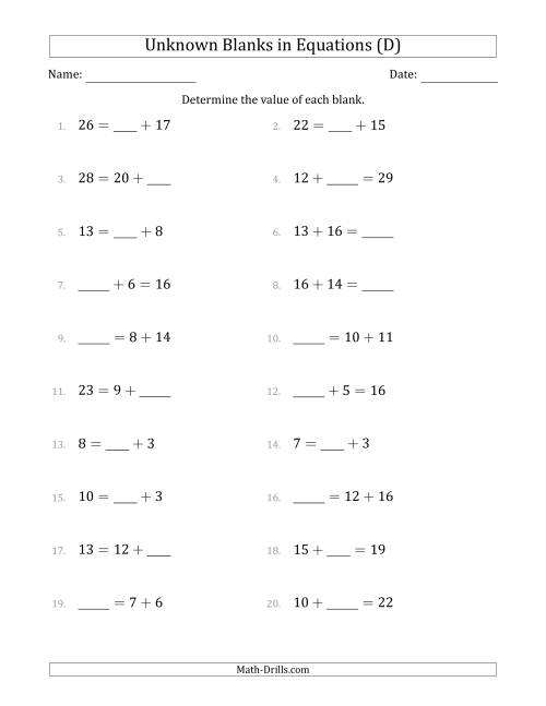 The Unknown Blanks in Equations - Addition - Range 1 to 20 - Any Position (D) Math Worksheet