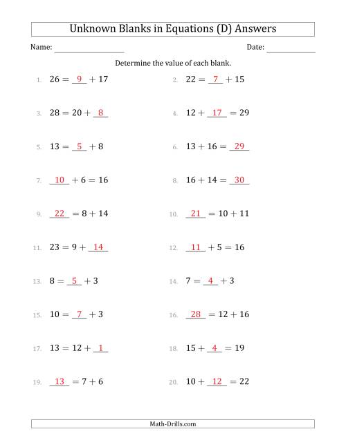 The Unknown Blanks in Equations - Addition - Range 1 to 20 - Any Position (D) Math Worksheet Page 2