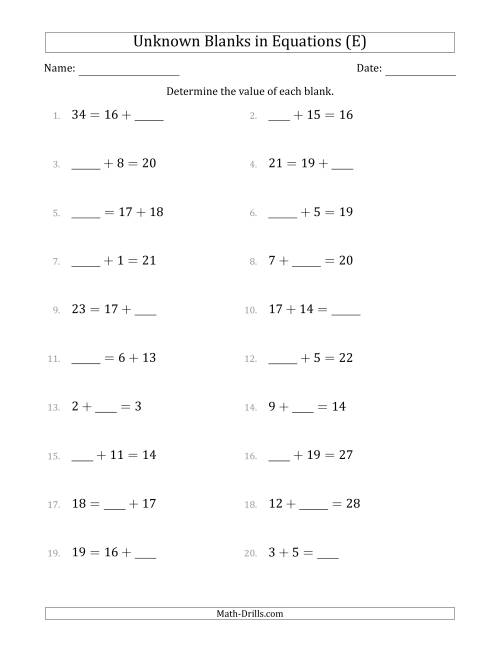 The Unknown Blanks in Equations - Addition - Range 1 to 20 - Any Position (E) Math Worksheet