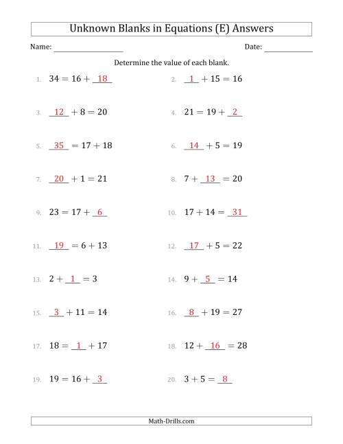 The Unknown Blanks in Equations - Addition - Range 1 to 20 - Any Position (E) Math Worksheet Page 2