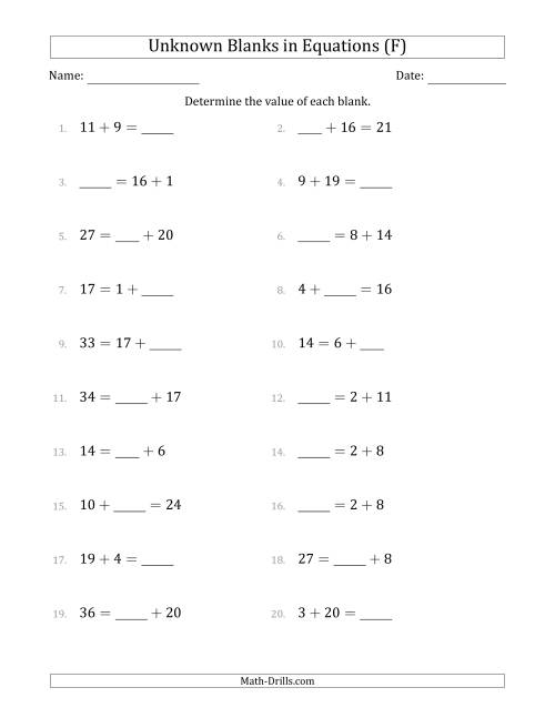The Unknown Blanks in Equations - Addition - Range 1 to 20 - Any Position (F) Math Worksheet
