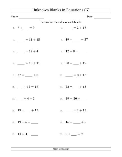 The Unknown Blanks in Equations - Addition - Range 1 to 20 - Any Position (G) Math Worksheet