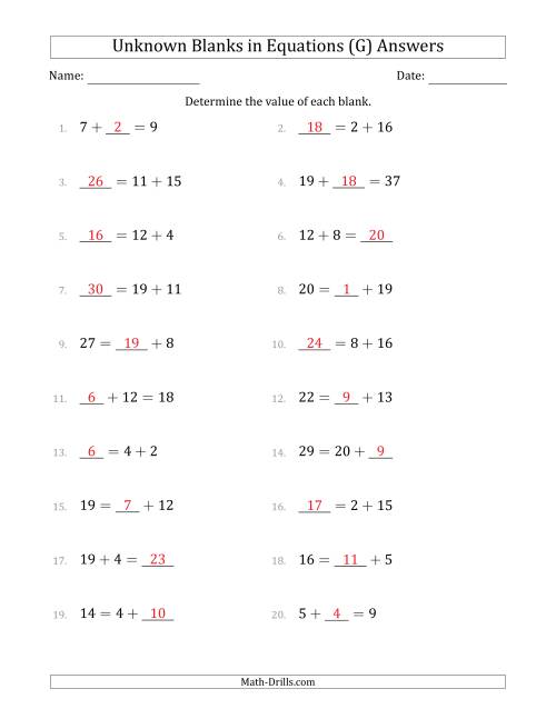 The Unknown Blanks in Equations - Addition - Range 1 to 20 - Any Position (G) Math Worksheet Page 2