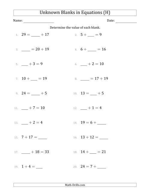 The Unknown Blanks in Equations - Addition - Range 1 to 20 - Any Position (H) Math Worksheet