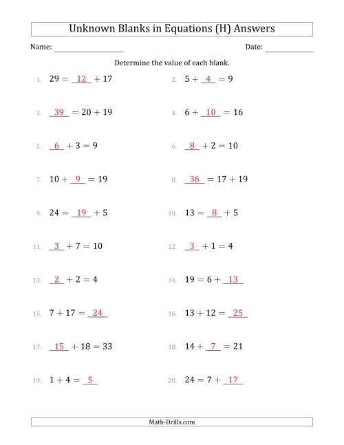 The Unknown Blanks in Equations - Addition - Range 1 to 20 - Any Position (H) Math Worksheet Page 2