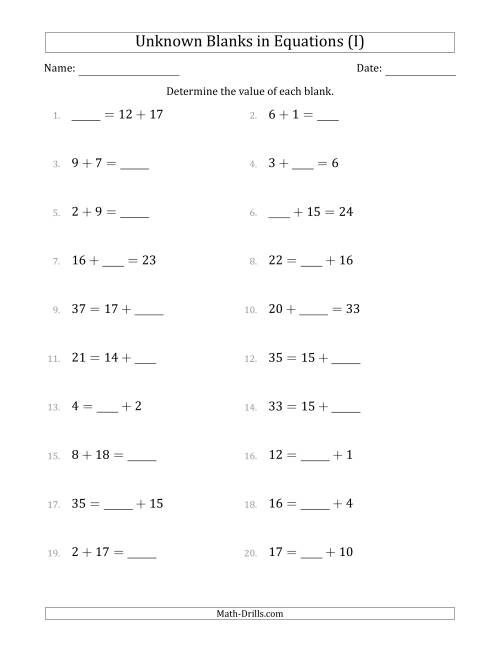 The Unknown Blanks in Equations - Addition - Range 1 to 20 - Any Position (I) Math Worksheet
