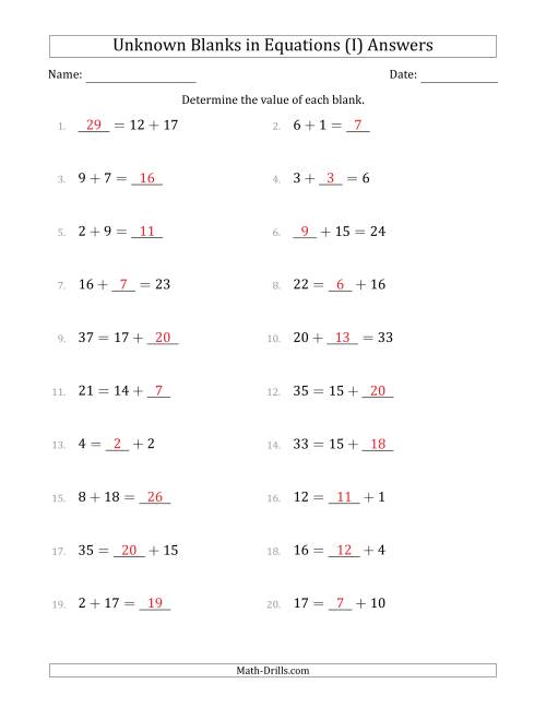 The Unknown Blanks in Equations - Addition - Range 1 to 20 - Any Position (I) Math Worksheet Page 2