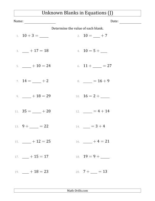 The Unknown Blanks in Equations - Addition - Range 1 to 20 - Any Position (J) Math Worksheet