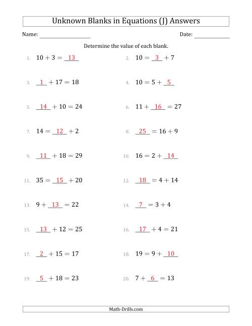 The Unknown Blanks in Equations - Addition - Range 1 to 20 - Any Position (J) Math Worksheet Page 2