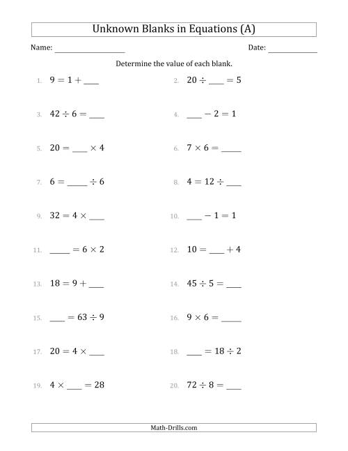 The Unknown Blanks in Equations - All Operations - Range 1 to 9 - Any Position (A) Math Worksheet