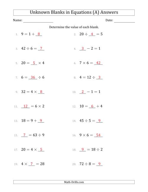 The Unknown Blanks in Equations - All Operations - Range 1 to 9 - Any Position (A) Math Worksheet Page 2