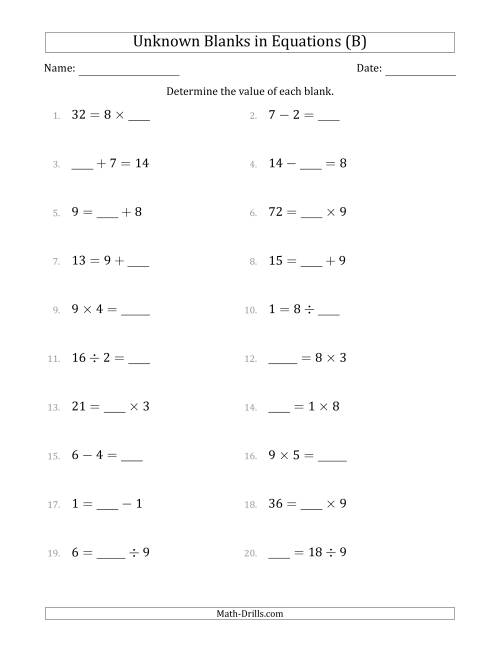 The Unknown Blanks in Equations - All Operations - Range 1 to 9 - Any Position (B) Math Worksheet