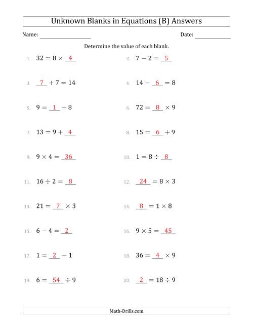The Unknown Blanks in Equations - All Operations - Range 1 to 9 - Any Position (B) Math Worksheet Page 2