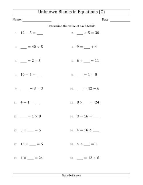 The Unknown Blanks in Equations - All Operations - Range 1 to 9 - Any Position (C) Math Worksheet