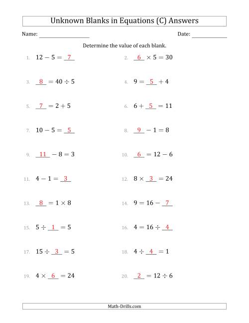 The Unknown Blanks in Equations - All Operations - Range 1 to 9 - Any Position (C) Math Worksheet Page 2